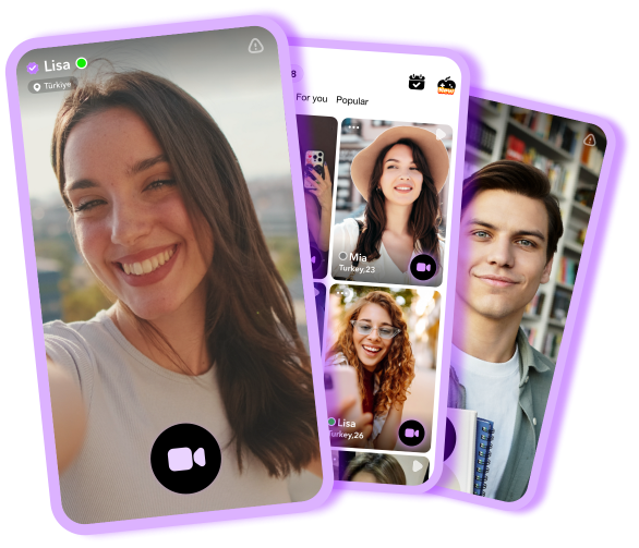 Three phones showing ViaChat random video chat interface