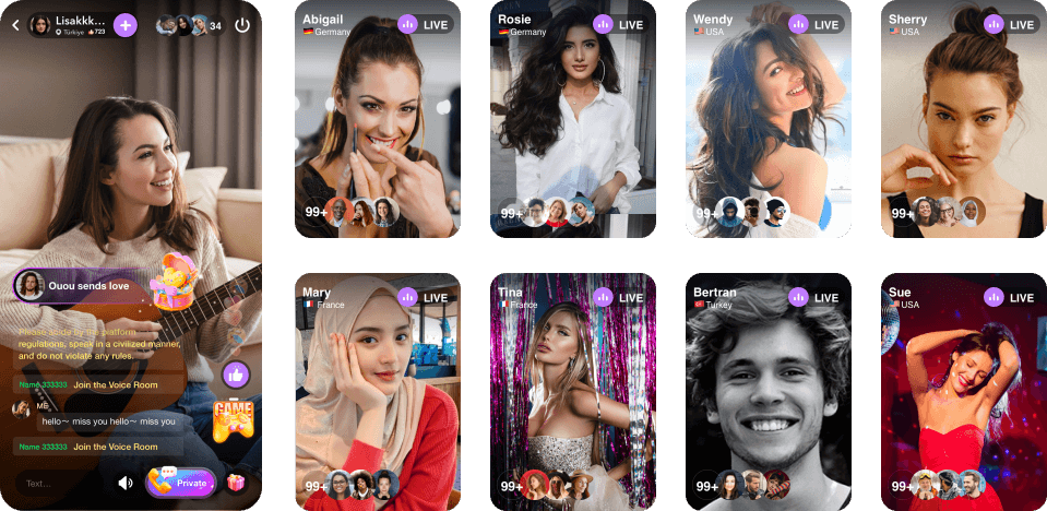 A diverse selection of beautiful live streamers on the ViaChat platform.